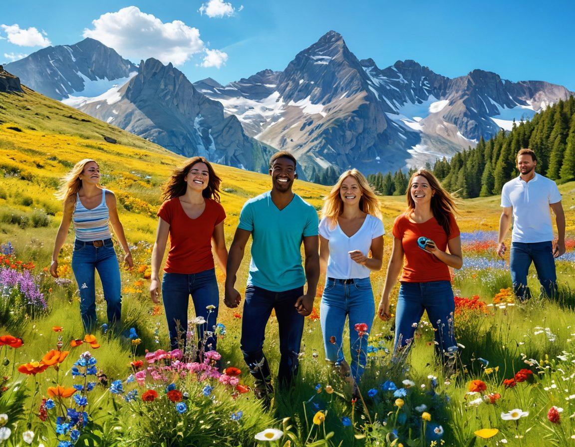 A breathtaking landscape featuring a sunlit meadow filled with vibrant wildflowers, a group of diverse people joyfully capturing moments with cameras, surrounded by majestic mountains and a clear blue sky; the essence of life and happiness captured in their smiles and laughter. super-realistic. vibrant colors. 3D.