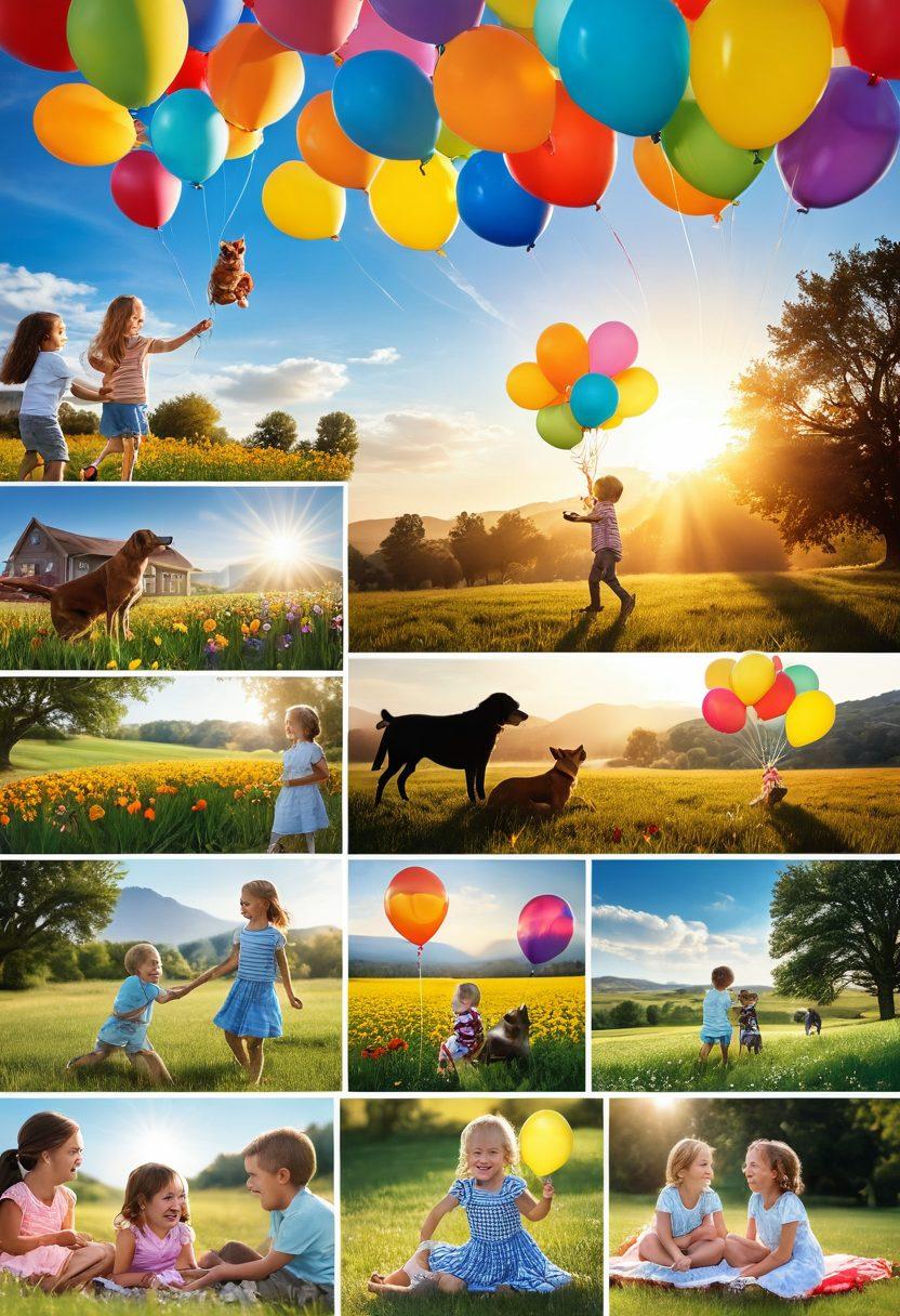 A collage of heartwarming moments capturing children laughing, pets playing, and beautiful landscapes that evoke joy. Include vibrant colors, rays of sunshine illuminating the scenes, and playful elements like balloons and flowers. The composition should inspire a sense of happiness and nostalgia, inviting viewers to recall their own delightful memories. super-realistic. vibrant colors. soft focus.
