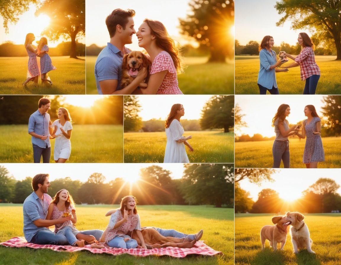 A vibrant collage of joyful moments featuring friends laughing, a family picnic in a sunlit park, a puppy playing in a field, and a couple dancing at sunset. Include a camera capturing these moments with lens flares and bright colors that evoke happiness and warmth. The background should be dynamic and colorful, enhancing the feeling of joy and freedom. vibrant colors. super-realistic.